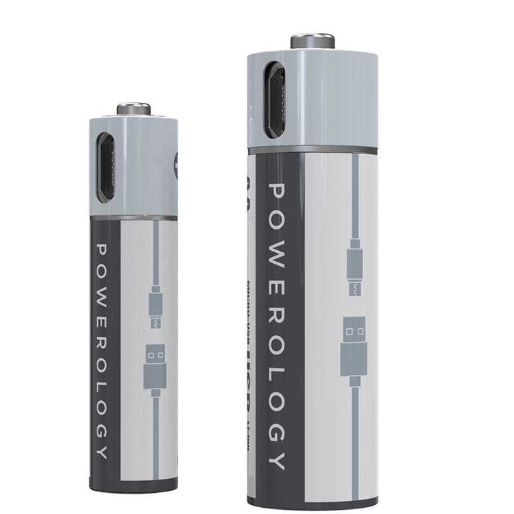 Powerology USB Rechargeable Battery, Reusable USB Lithium-ion Battery with Micro USB Cable - White (AA (1500mAh / 2250mWh), 4pcs/pack)