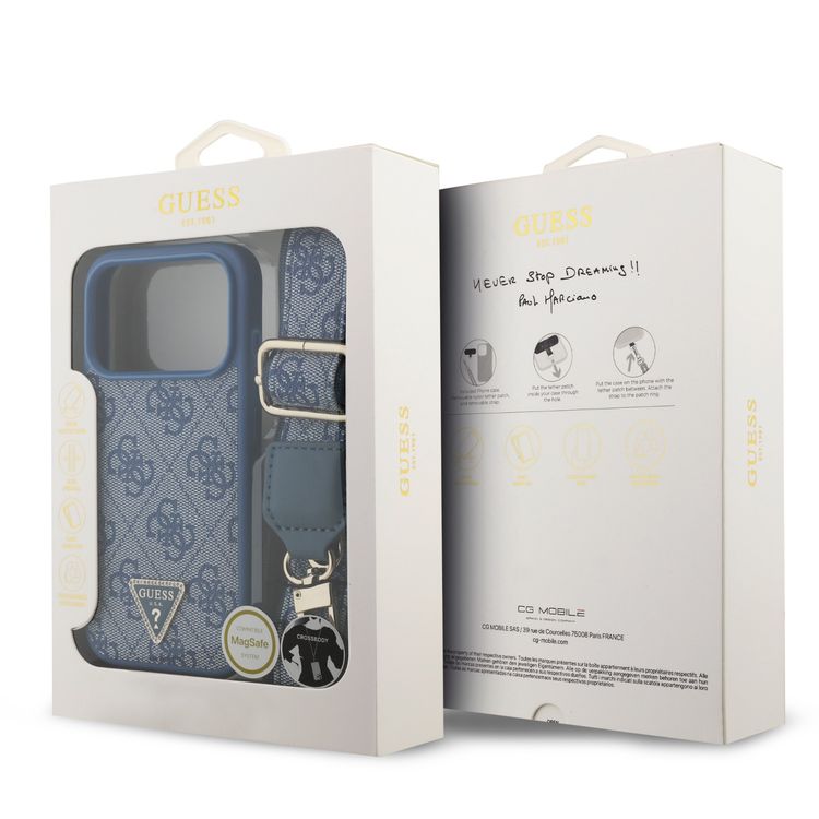 غطاء جلد بو نمط MagSafe 4G مع حزام قصير وعلامة مثلثة لهاتف iPhone 17 Pro Max، بروفايل نحيف، حماية من السقوط، سهل التركيب، تغليف مستدام، مسكة مريحة، تصميم خفيف الوزن - أزرق