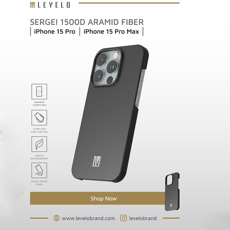  Levelo Sergei 1500D Aramid Fiber Case for iPhone 15 Pro Max, MagSafe Compatible, Shock-Proof Edges, Slim & Lightweight Design - Black