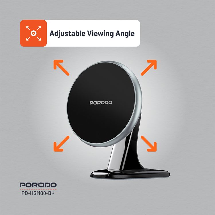 Porodo Magsafe Magnetic Aluminum Mount with Adjustable Viewing Angle, Horizontal & Vertical Modes, N52 Magnets, ABS & Silicone Material - Black
