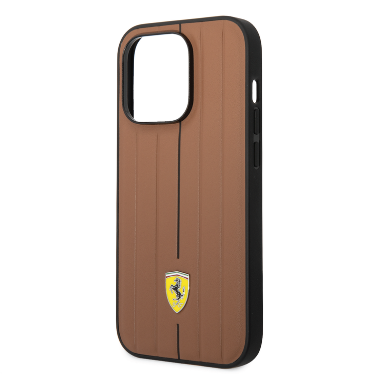 Ferrari Leather Case With Embossed Stripes & Yellow Shield Logo - iPhone 14 Pro Max - Camel