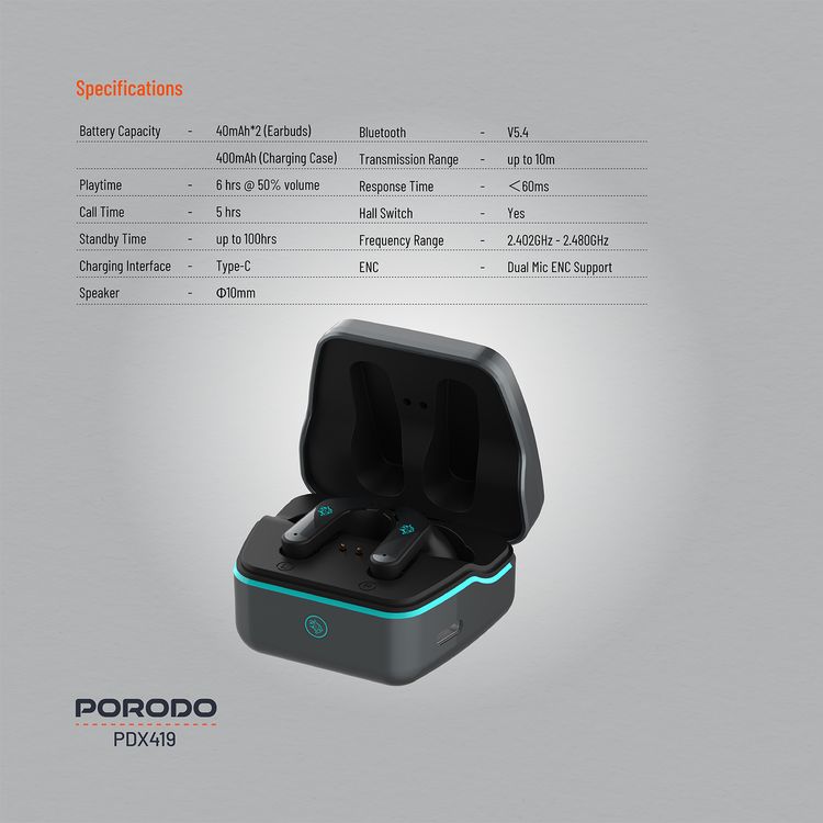 Porodo Gaming Ultra Low-Latency Gaming Earbuds, 400mAh Battery Capacity, 6h Playtime, Bluetooth 5.4, Less than 60ms Response Time, Dual Mic ENC Support, Type-C Charging Interface - Black