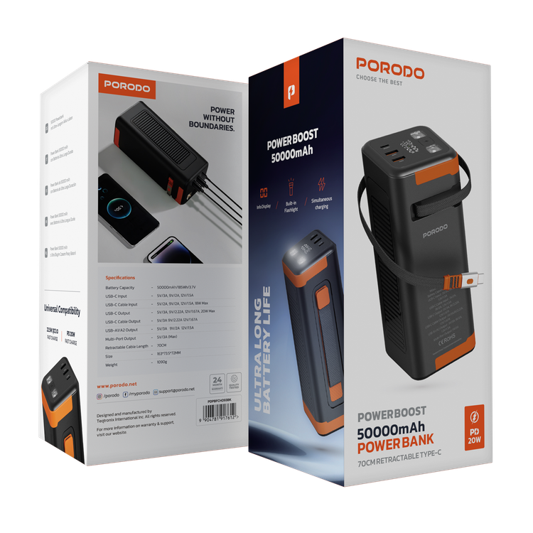Porodo Powerboost 50000mAh Power Bank with Flashlight, Info Display, PD 20W, 70cm Retractable Type-C Cable, Type-C & Dual Type-A Ports, QC3.0 22.5W, Simultaneous Charging, Universal Compatibility - Black