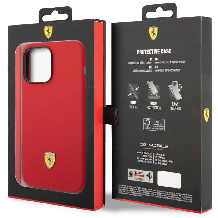 Ferrari Liquid Silicone Case with Black Camera Outline & Metal Logo iPhone 14 Pro Max Compatibility - Red