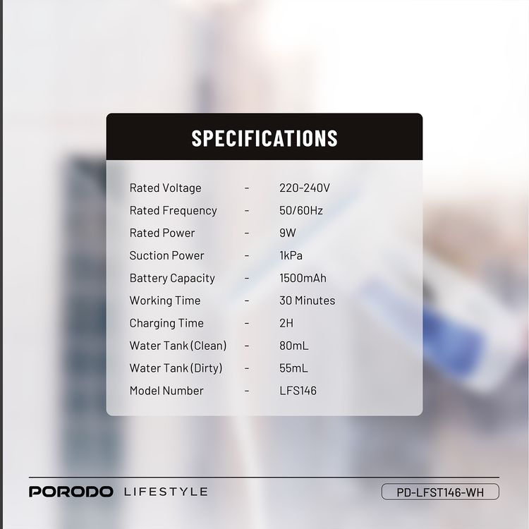 Porodo Lifestyle Cordless Window Vacuum Cleaner with Dual-Tank Design, Up to 30 Minutes of Working Time, 1kPa Suction Power, Spray, Wipe & Vacuum Dry Functions, 9W Rated Power - White