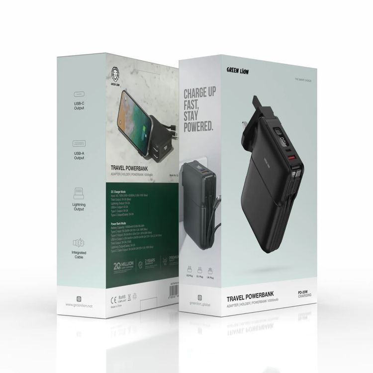Green Lion Travel Power Bank 10000mAh, Adaptor, Holder, Lightning,  20W PD, USB Type C, USB Type A, Lightning and Type-C Integrated Cables, US, EU, UK Plug, Digital Display - Black