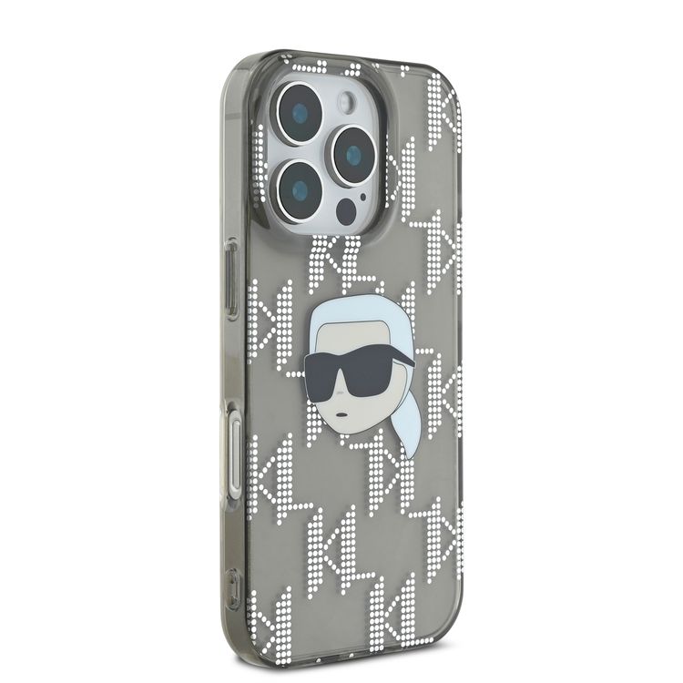 جراب Karl Lagerfeld IML الصلب مع تصميم Karl Head &amp; Monogram مطلي بالكهرباء لهاتف iPhone 16 Pro - أسود