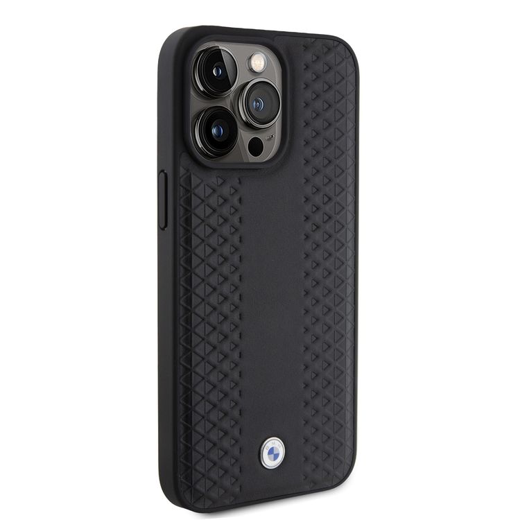 BMW Leather Case with Sign Diamond Pattern for iPhone 15 Pro  - Black
