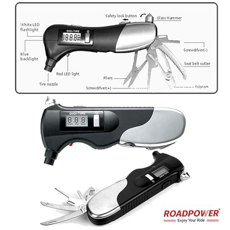 مقياس ضغط الإطارات الرقمي متعدد الوظائف من ROADPOWER، 100 رطل لكل بوصة مربعة، أدوات إنقاذ بإضاءة LED 