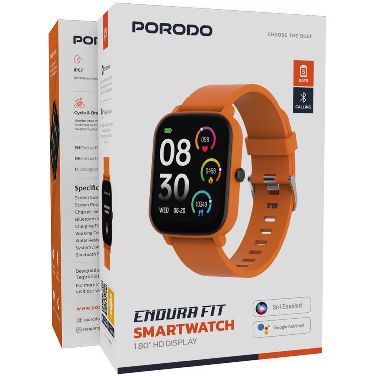 Porodo Endura Fit Smart Watch with 1.80" HD Display, +130 Sport Modes, Weather Forecast, Sleep Analysis, 2.5 Hours Charging Time, Up to 5 Days Working Time, Android 8.0 Above & iOS 12 Above Compatibility - Orange