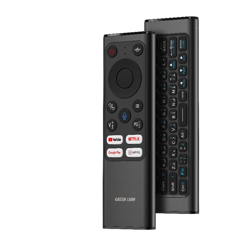 جهاز Green Lion Wireless Remote Pro مع لوحة مفاتيح وفأرة، اتصال 2.4G + بلوتوث، دقة 1200 DPI، منفذ شحن Type-C، مساعد صوتي، 61 مفتاح للوحة المفاتيح، سعة بطارية 300mAh، لوحة مفاتيح صغيرة – باللون الأسود.