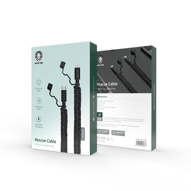 Green Lion Rescue USB-C to Lightning Cable with 1m Length, 20W Power Delivery, Fast Charge & Data Sync, 10000+ Bends Lifespan, TPE & Braided Material, Tangle-free Design - Black