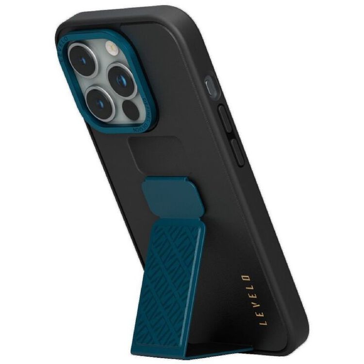 Levelo Morphix Leather Case for iPhone 15 Pro with Kickstand Grip - Black/Blue