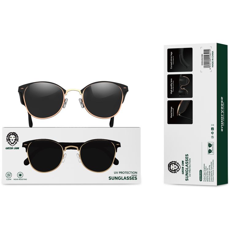 Green Lion UV Protection Sunglasses, Clear, Wear-Resisting, Metal Hinge, High Quality Lens, Curved Mirror Legs, Lightweight & Comfortable to Wear - Black