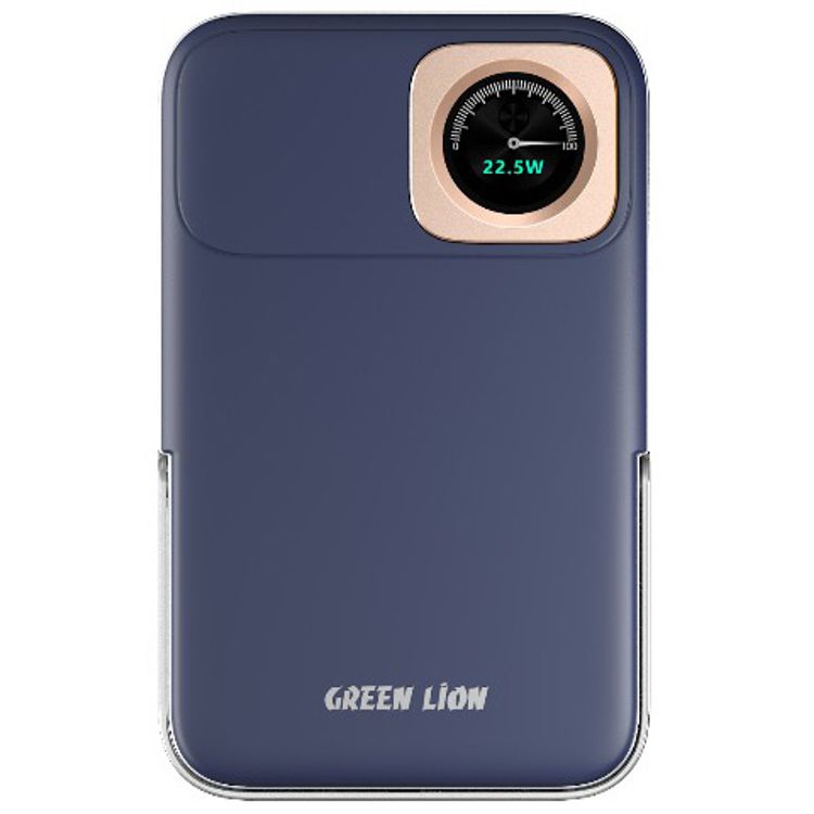Green Lion Volt Gauge 10000mAh Power Bank with Dual USB-C Ports, ABS & PC Material, 15W Wireless Output, 22.5W Power Delivery, Flight Approved, Built-in Kickstand, Fast Charge Support - Blue
