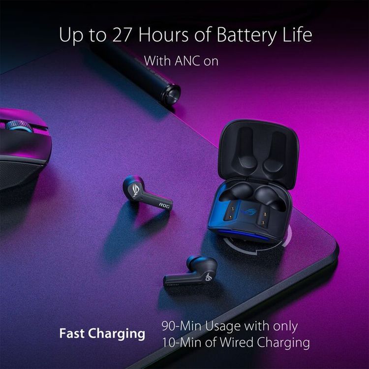 ASUS ROG Cetra True Wireless Earbuds with Active Noise Cancellation, Up to 5.5 Hours Battery Life, Bluetooth Version 5.0, Wireless & Type-C Charging, 60cm Charging Cable, RGB Lights, Built-in Microphone, Hybrid Multipoint - Black