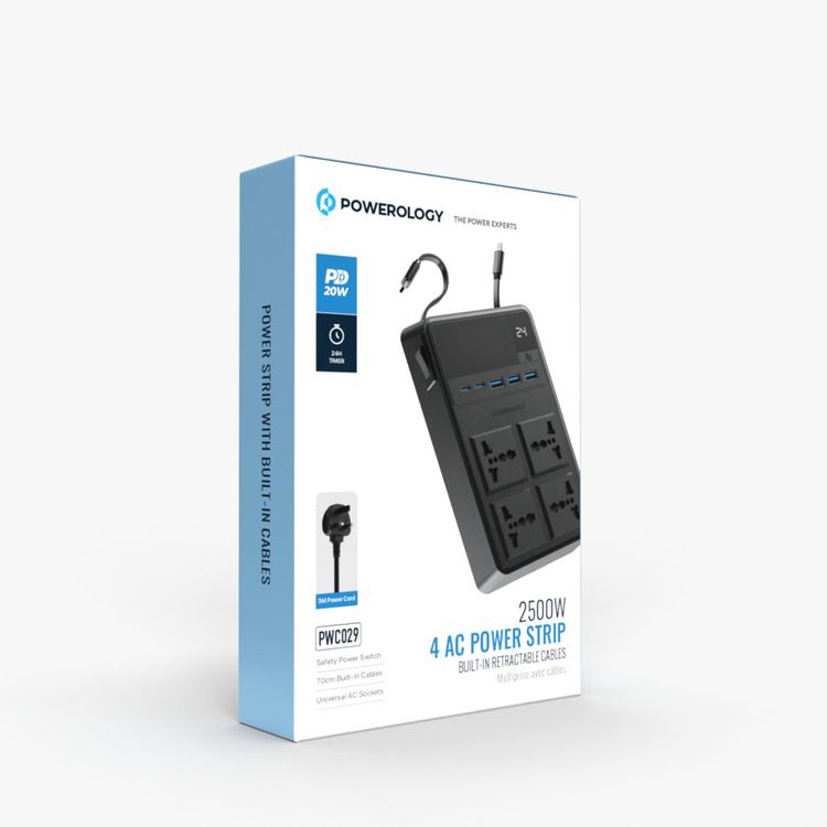 مشترك طاقة Powerology 2500 واط مع 4 مقابس تيار متردد وكابلات مدمجة قابلة للسحب، 5 منافذ USB، مخرجات USB-C وLightning، أدوات حماية مدمجة، مادة مقاومة للحريق، مؤقت 24 ساعة، شحن متزامن، طول الكابل 70 سم وطول سلك الطاقة 3 متر - أسود