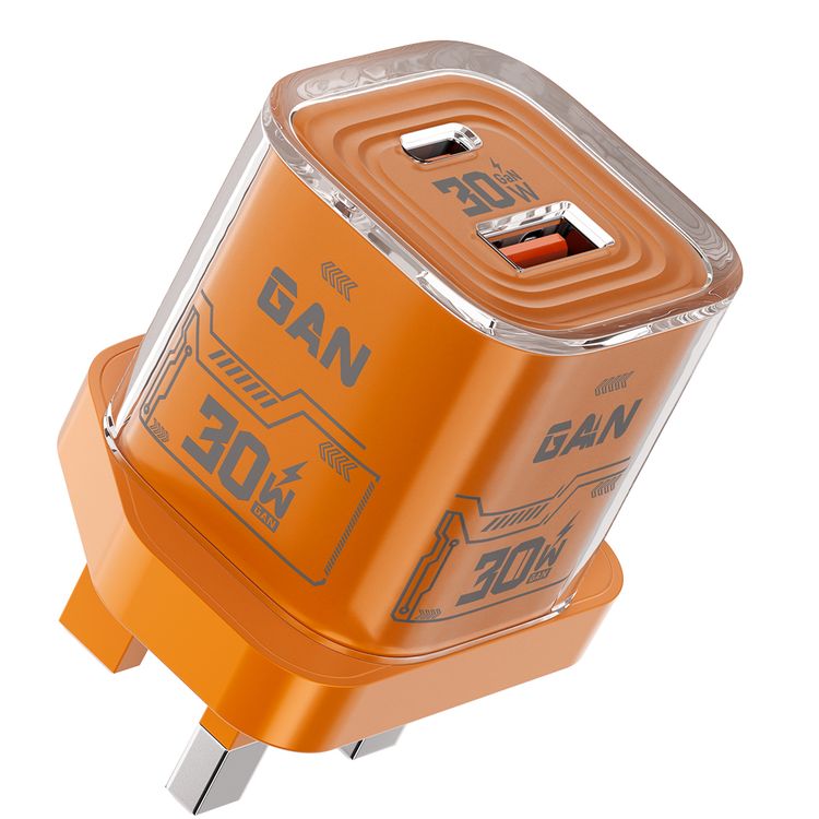 Porodo TEZCLARTÉ Quick Wall Charger with Dual Port Fast Charging, Flame Retardant Housing, Transparent Design, PD 30W USB-C Output, QC 20W USB-A Output - Orange