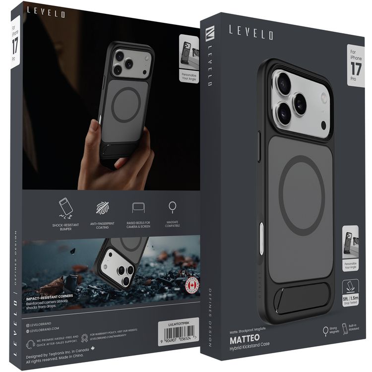 Levelo Matteo Hybrid Kickstand Case with Matte Design for iPhone 17 Pro, Anti-Fingerprint Coating, Impact-Resistant Corners, Raised Bezels for Camera & Screen, MagSafe Compatible, Shock-Resistant Bumper, Drop-Tested - Black