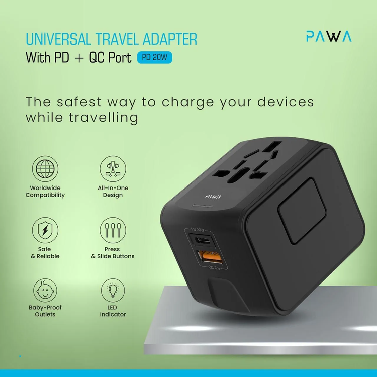 محول السفر العالمي PAWA مع PD 20W + QC - أسود