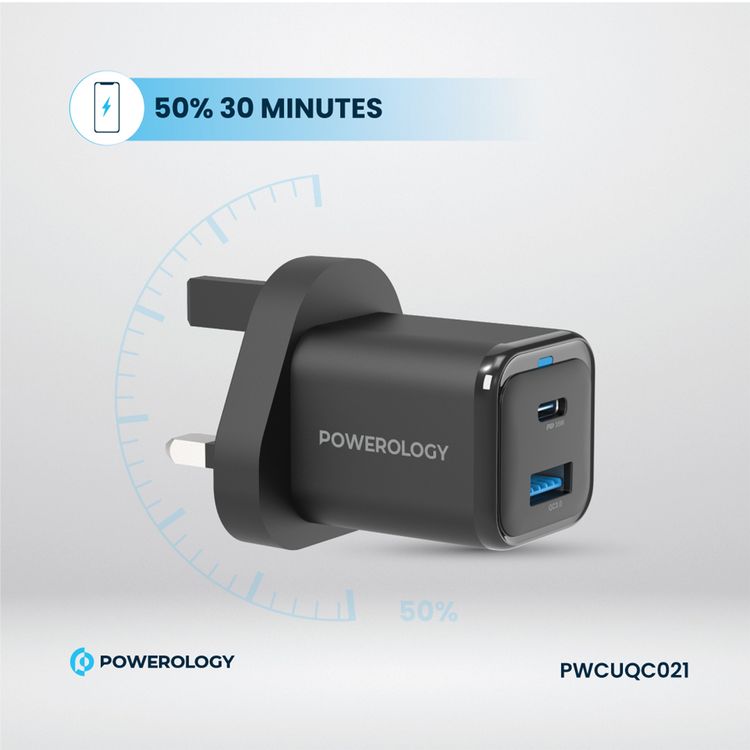 Powerology Super Compact Quick Charger with USB-C To Lightning Braided Cable, 35W Power Delivery, Simultaneous Fast Charging, Lightweight & Portable - Black