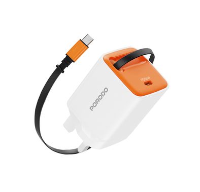 Porodo Tezpatro 65W GaN Charger with USB-C Retractable Cable, 1.5A Rated Current, 65W Power Delivery, 80cm Cable Length, Flame-Retardant Housing, Fast Charge Support - White / Orange