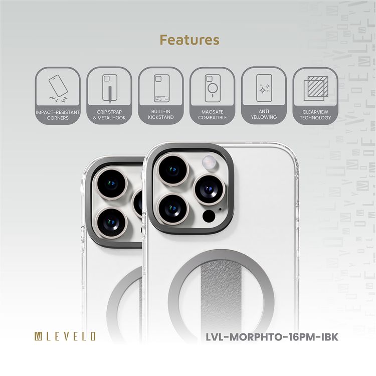 Levelo Morphix Trio Case for iPhone 16 Pro Max with Built-in Kickstand, Metal Camera Edge, MagSafe Compatible, Impact-Resistant Corners, Grip Strap & Metal Hook, Anti Yellowing - Ink Black