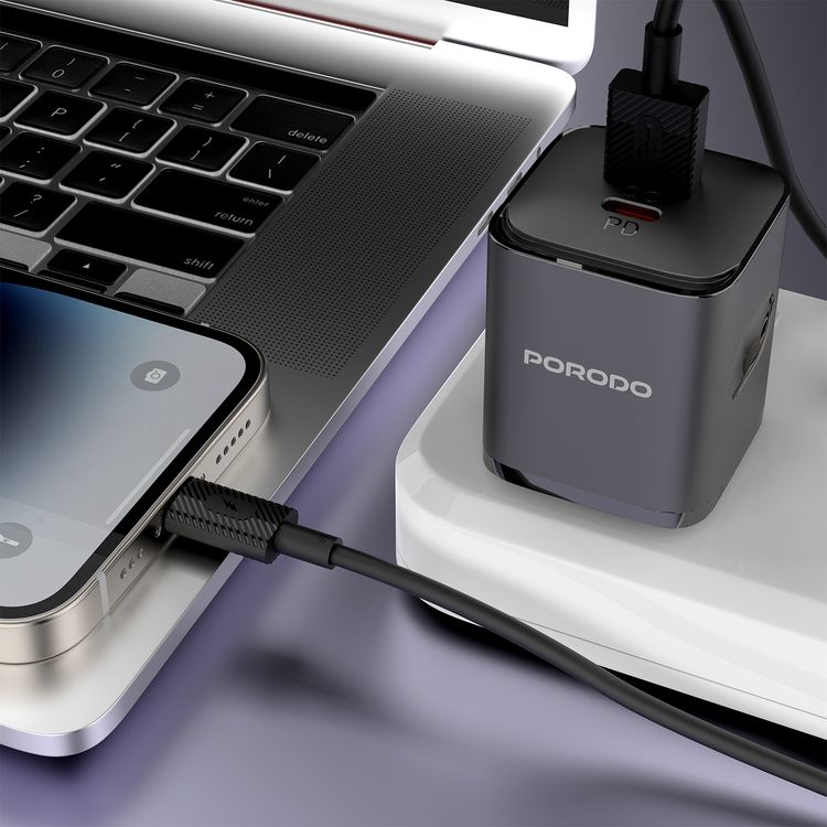 Porodo PD+QC 20W Wall Charger with Type-C to Lightning Cable, Dual Port, 1.2m Cable Length, UK Plug, Simultaneous Charging, Over-Heat Protection - Black 