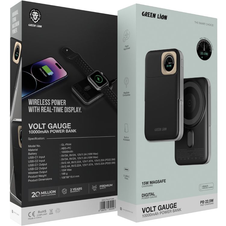بنك الطاقة الأخضر لايون فولت جاج 10000 مللي أمبير مع منفذين USB-C، مصنوع من مواد ABS وPC، إخراج لاسلكي 15 واط، توصيل الطاقة 22.5 واط، معتمد للطيران، حامل مدمج، دعم الشحن السريع - اللون الأسود
