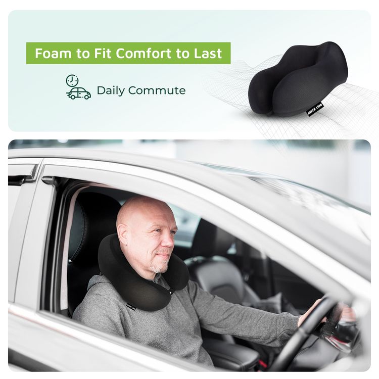 Green Lion Memory Foam Neck Pillow with Polyester Material, Upgraded Design, Lightweight, Breathable, Suitable for Daily Commute - Black