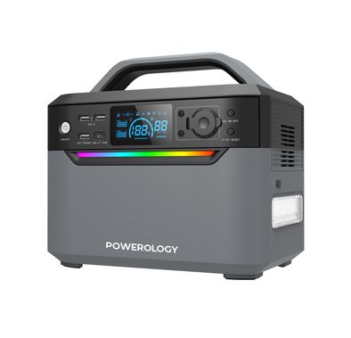 Powerology 600W Power Generator with Dual AC Sockets, USB-C, Dual USB-A & Wireless Outputs, Built-in Flashlight, 120000mAh Battery Capacity, Solar Charging Capability, Portable Design - Black