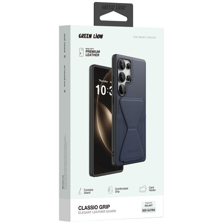 Green Lion Classio Stand Leather Case for Samsung S25 Ultra with Card Holder, Anti-Scratch, Foldable Stand, Comfortable Grip, Drop & Camera Protection - Blue
