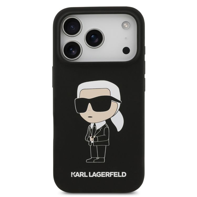 غطاء كارل لاغرفيلد من السيليكون السائل بشعار Ikonic NFT لهاتف آيفون 17 برو ماكس، حماية من السقوط، تصميم نحيف، سهل التركيب، تغليف مستدام، قبضة مريحة، تصميم خفيف الوزن - أسود