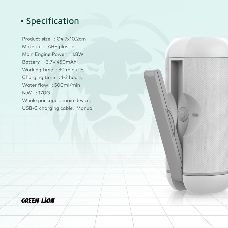 Green Lion Electric Pocket Bidet, Lightweight, Compact & Portable, 450mAh Battery Capacity, 30 Minutes Working Time, ABS Plastic Material - White