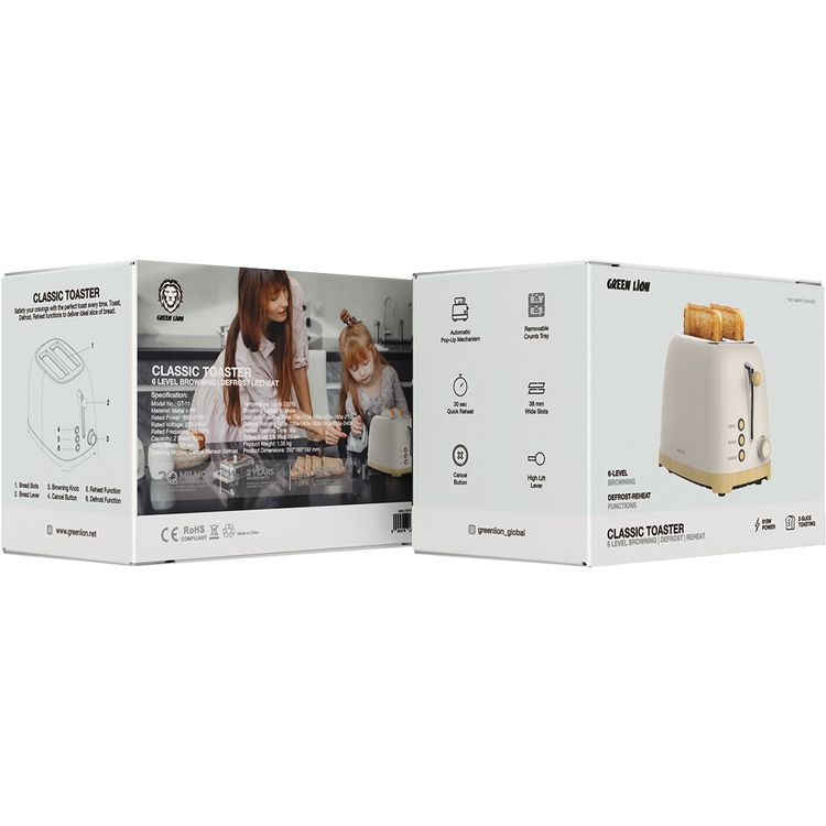 Green Lion Classic Toaster with 6-Level Browning Control, Defrost & Reheat Functions, 30 Seconds Reheat Toasting Time, Removable Crumb Tray, 38mm Slot Width - Beige