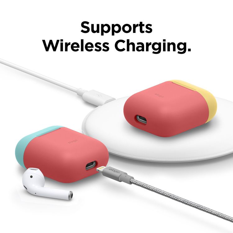 إيلاجو جراب مزدوج سيليكون متوافق مع جراب ابل ايربودز 1 و 2 ، يدعم الشحن اللاسلكي ، مقاوم للخدش ، مقاوم للسقوط ، غطاء واقٍ ممتص للأتربة ، الجسم - وردي إيطالي / أزرق مرجاني علوي ، أصفر