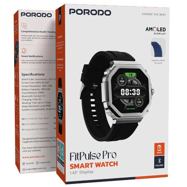 Porodo FitPulse Pro Smartwatch with 1.43-inch AMOLED Display, 466 x 466 pixels Resolution, Up to 7 Days Working Time, 400mAh Battery Capacity, 128MB Flash Memory, Bluetooth Version 5.2, IP68 Water Resistance Level - Black / Silver
