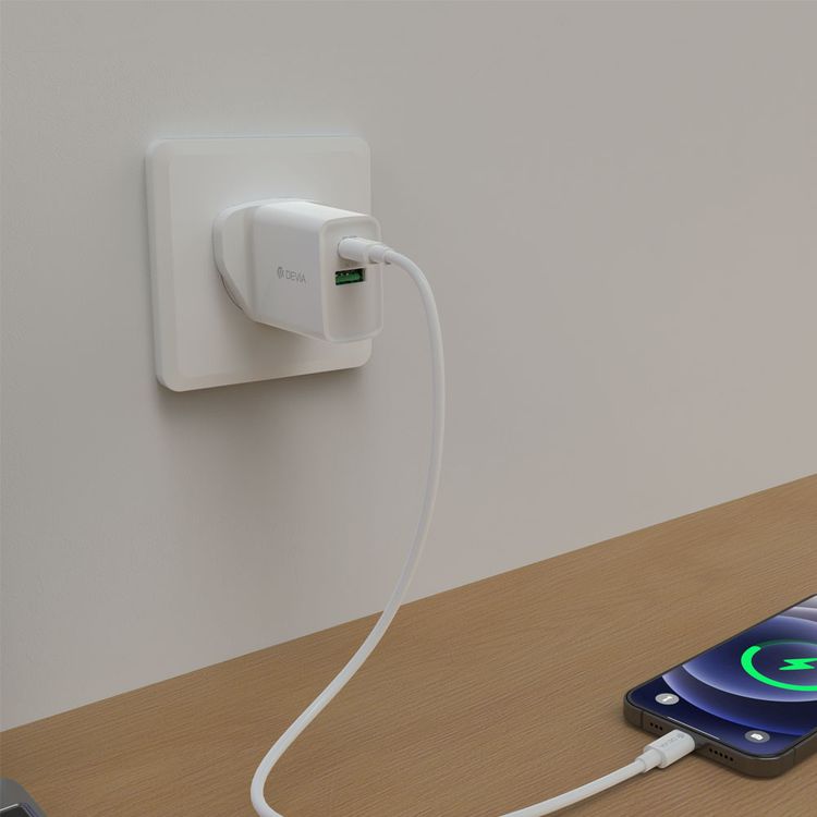 Devia Smart Series PD & QC Quick Charger UK 20W with Type-C to Lightning Cable 1M + USB to Type-C Cable 1M - White