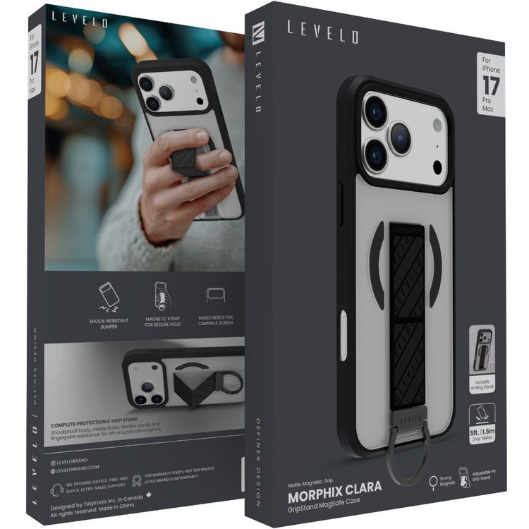 Levelo Morphix Clara GripStand MagSafe Case for iPhone 17 Pro Max, Raised Bezels for Camera & Screen, Strong Magnets, Shockproof Body & Matte Finish, Flexible D-Ring Stand, Anti-Fingerprint - Phantom Black