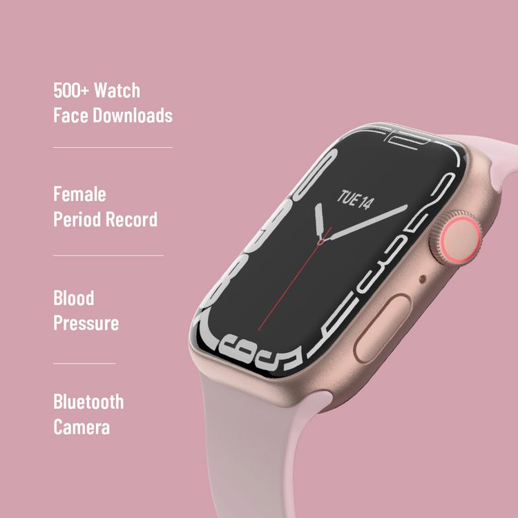 Porodo Smart Watch Series 8+ with Fitness & Activity Tracker, 2" Wide Display, 250mAh Battery Capacity, IP68, 2-3 Days Working Time, Wireless Charging - Pink
