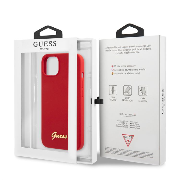 CG MOBILE Guess Liquid Silicone Case with Gold Metal Logo Script Compatible for iPhone 13 (6.1") Anti-Scratch, Easy Access to All Ports, Shock Absorption