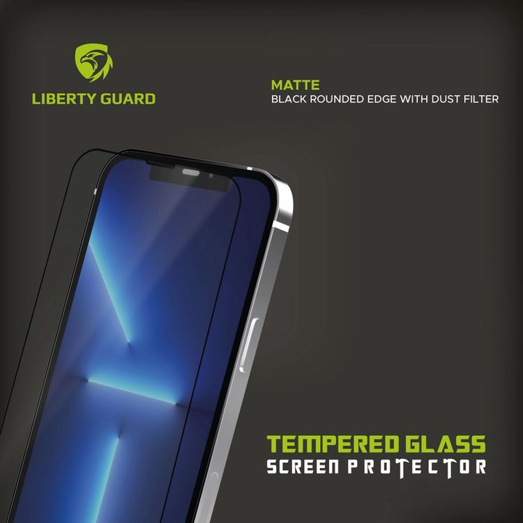 Liberty Guard Matte Full Cover Rounded Edge Screen Protector for iPhone 13 Pro/13 with Dust Filter, Anti Shock & Anti Impact - Black