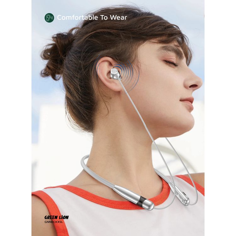 Green Lion Neck X Wireless Neckband with Magnetic Control, Comfortable to Wear, IPX3 Water Resistance Level, Type-C Charging Port - Silver