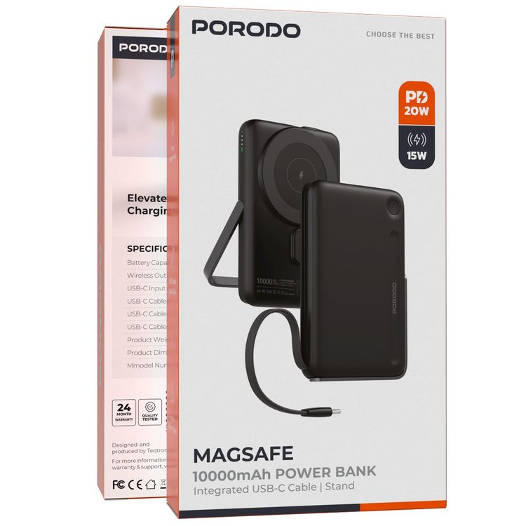 بورودو باور بانك بسعة 10000mAh مع كابل مدمج من نوع C و حامل، تثبيت مغناطيسي قوي، توصيل طاقة بقوة 20 واط، دعم الشحن السريع، إخراج لاسلكي بقوة 15 واط - أسود