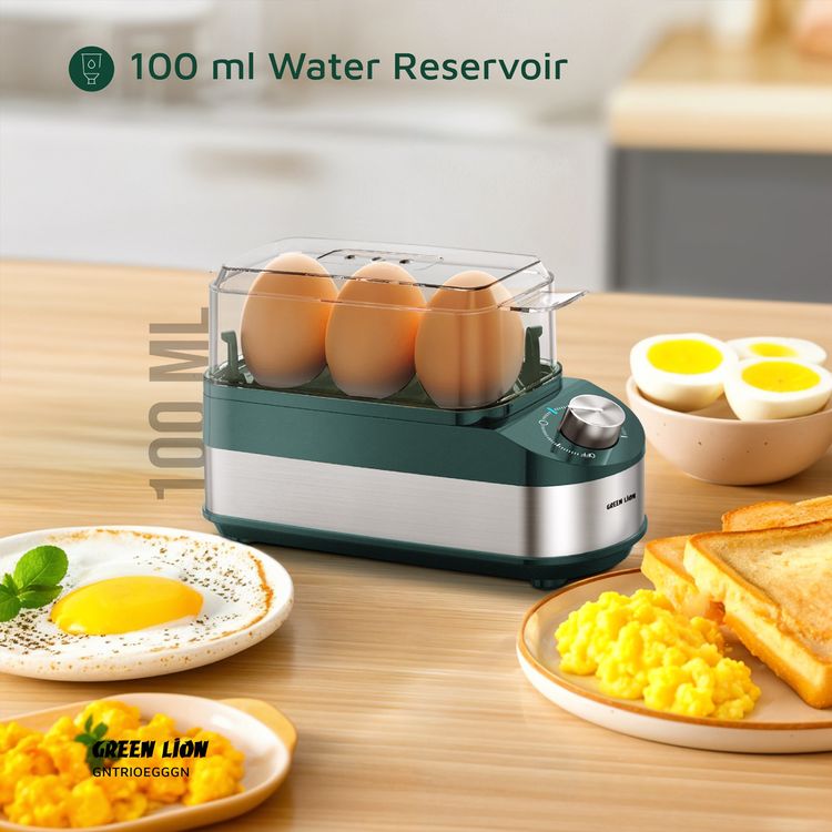 Green Lion Trio Egg Cooker with Auto Shutoff, Rotatory Knob, Non-Stick Coating, BPA-Free Plastic, 210W Rated Power - Green