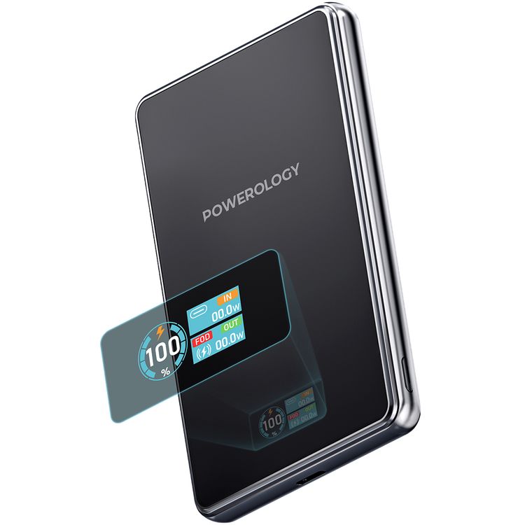 Powerology Skye 10000mAh MagSafe Power Bank with Smart Screen Display, 15W Wireless Charging, 20W Max Output Power, Qi2 Wireless Charging, Li-Polymer Battery, USB-C Input/Output Port, iPhone & Android Compatibility, Strong Magnetic Hold, Ultra-thin Design - Black