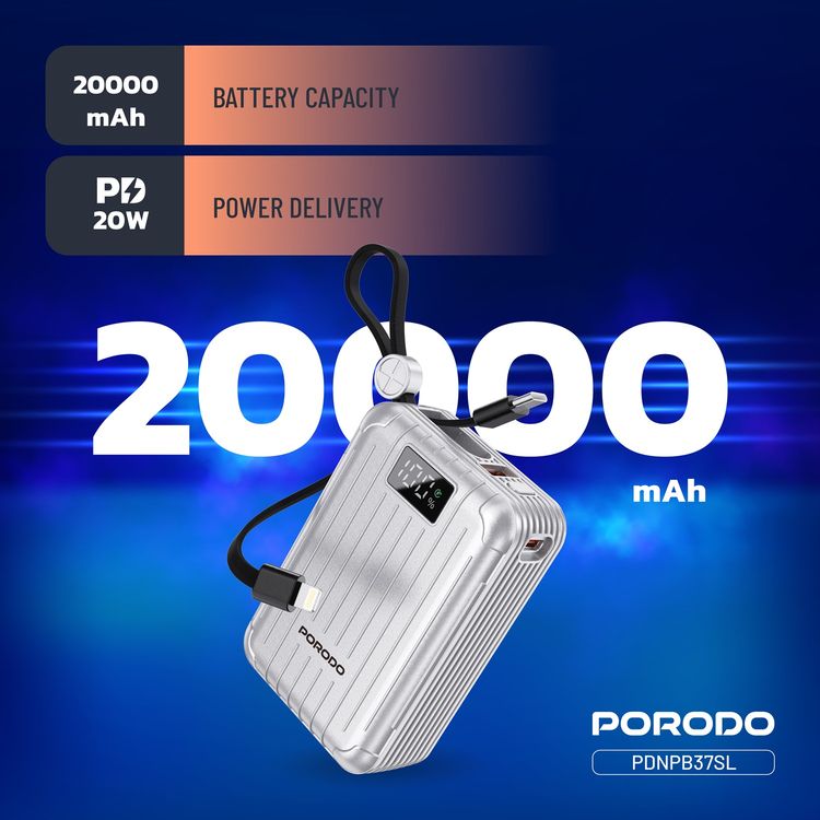 Porodo Petite 20000mAh Power Bank with Integrated Type-C & Lightning Cable, PD 20W, USB-A & USB-C Ports, Fast Charge Support, Digital Display, Universal Compatibility - Silver