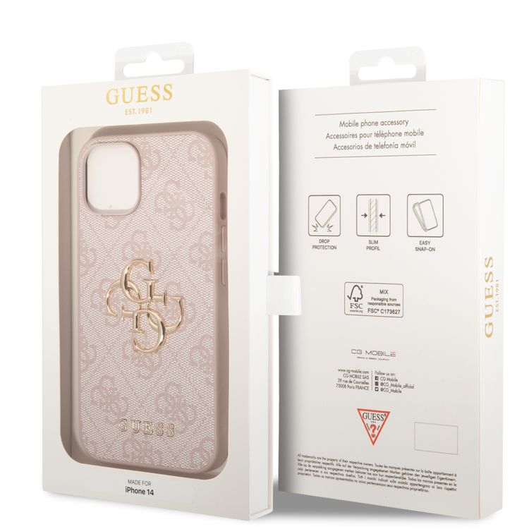 Guess PU Leather 4G Classic and Stylish Case with Big Metal Logo iPhone 14 Compatibility - Pink
