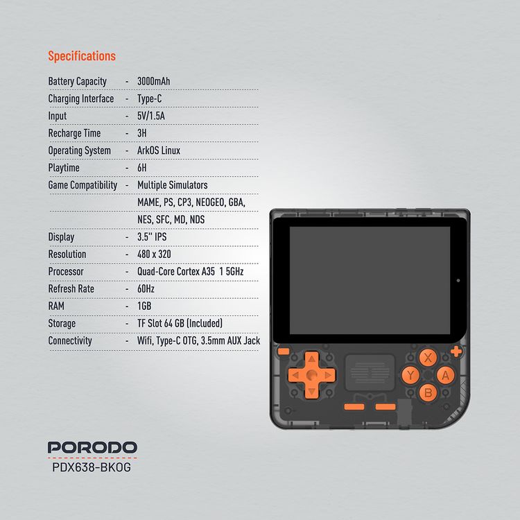 وحدة تحكم ألعاب Porodo Gaming Retro Arcade، محاكي ثلاثي الأبعاد، تصميم مريح، تشغيل صوتي غامر، شاشة IPS مقاس 3.5 بوصة، عمر بطارية 6 ساعات، بطارية 3000 مللي أمبير في الساعة - أسود / برتقالي 