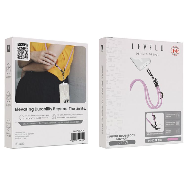 Levelo Everly Phone Crossbody Lanyard, Lightweight Design, Adjustable Straps with 1.2m Length, Hypoallergenic Material, Universal Compatibility - Pink pearl